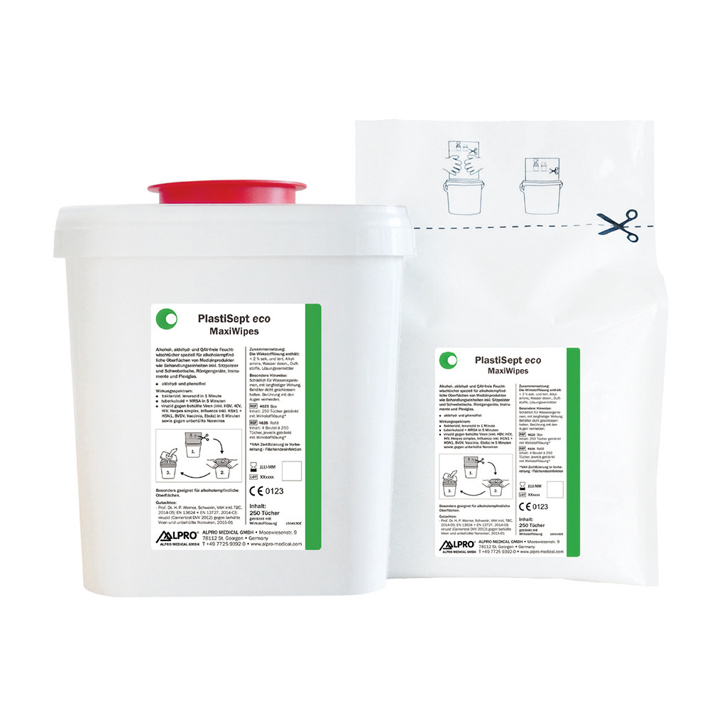 Das Produkt Alpro PlastiSept eco Maxi Wipes StarterSet 4740, aldehyd- und phenolfrei, VAH zertifiziert, gebrauchsfertig, fusselfrei aus dem Global-dent online shop. 