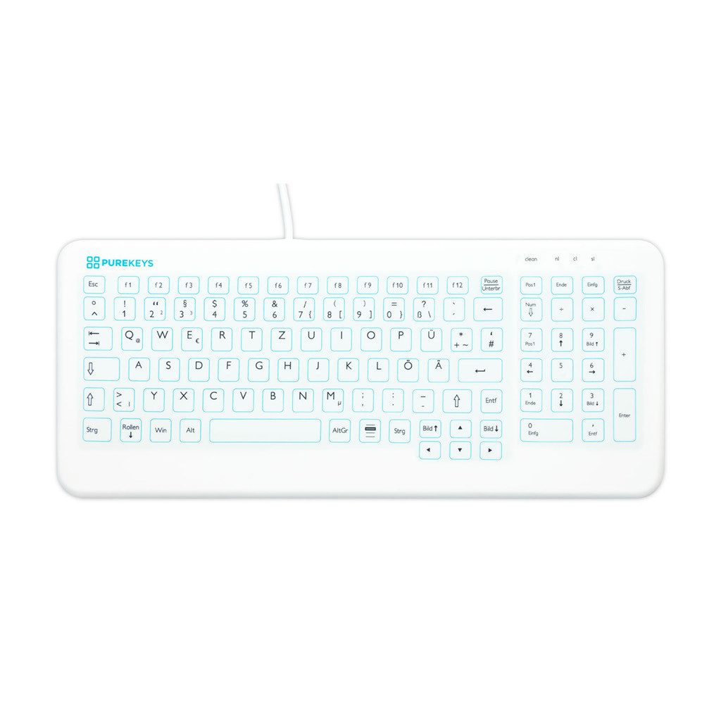 Das Produkt PUREKEYS Medizinische Tastatur Flach für Arztpraxen, IP 66 Schutzklasse, USB-Anschluss, QWERTZ,  30004900 aus dem Global-dent online shop. 