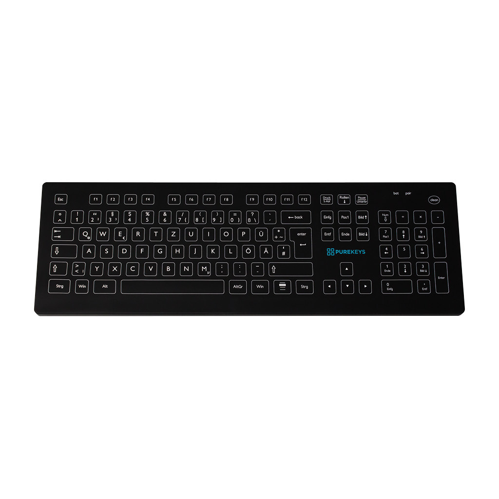 Das Produkt PUREKEYS Medizinische Tastatur Standard, kabellos, IP 66, Schwarz 50004902 aus dem Global-dent online shop. 